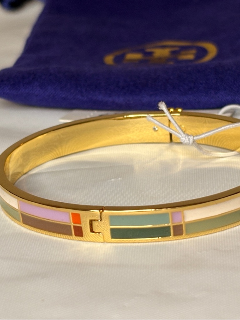 Tory Burch Gold Tone Multicolor Enamel Logo Bangle - Picture 3 of 8